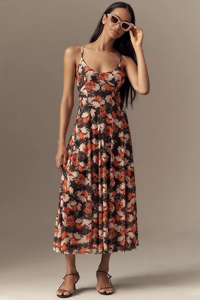 Scoop-Neck Mesh A-Line Midi Dress