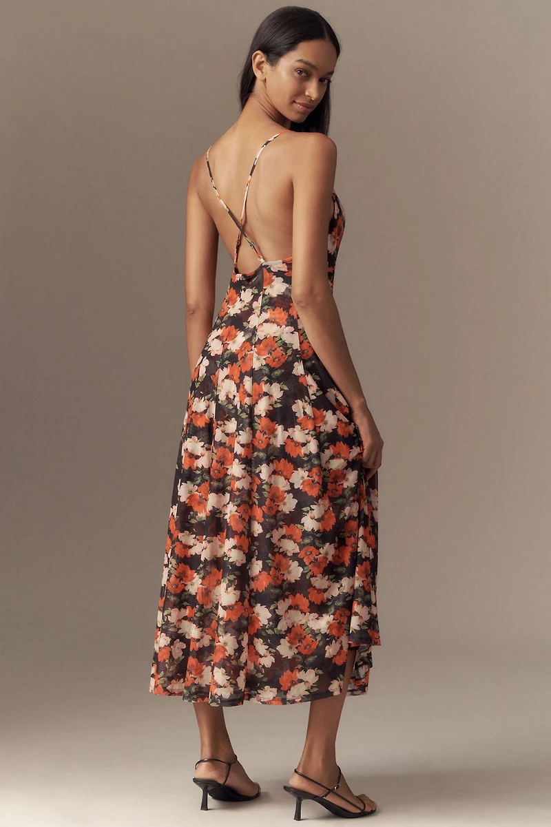 Scoop-Neck Mesh A-Line Midi Dress