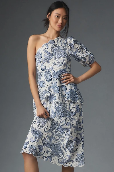 FARM Rio One-Shoulder Eyelet Midi Dress