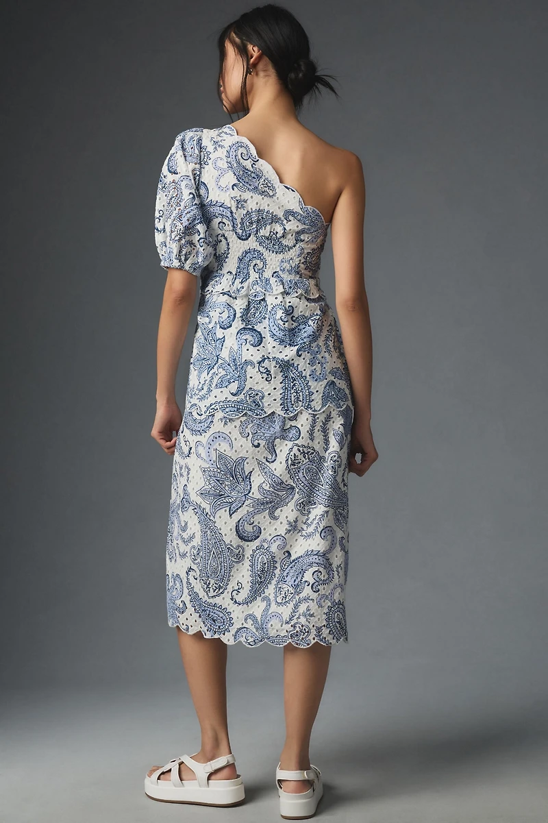 FARM Rio One-Shoulder Eyelet Midi Dress