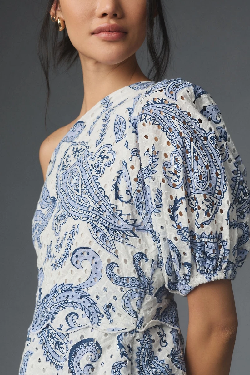 FARM Rio One-Shoulder Eyelet Midi Dress