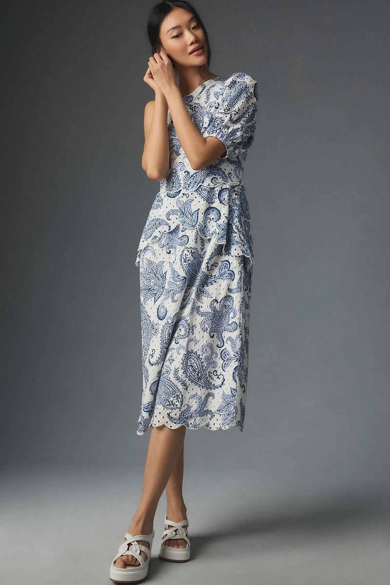 FARM Rio One-Shoulder Eyelet Midi Dress