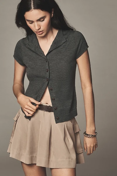 Pilcro Merino Wool Mock-Neck Short-Sleeve Cardigan Sweater