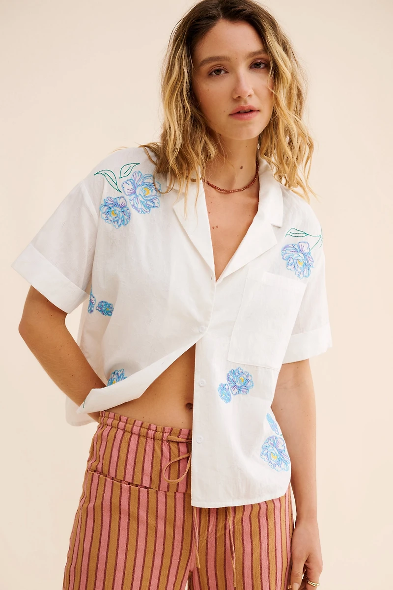 Flat White Floral Embroidered Surf Shirt