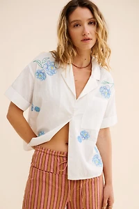 Flat White Floral Embroidered Surf Shirt