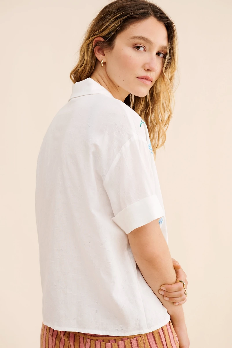 Flat White Floral Embroidered Surf Shirt