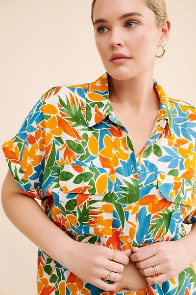 Eloquii Tropical Crop Boxy Button Up Top