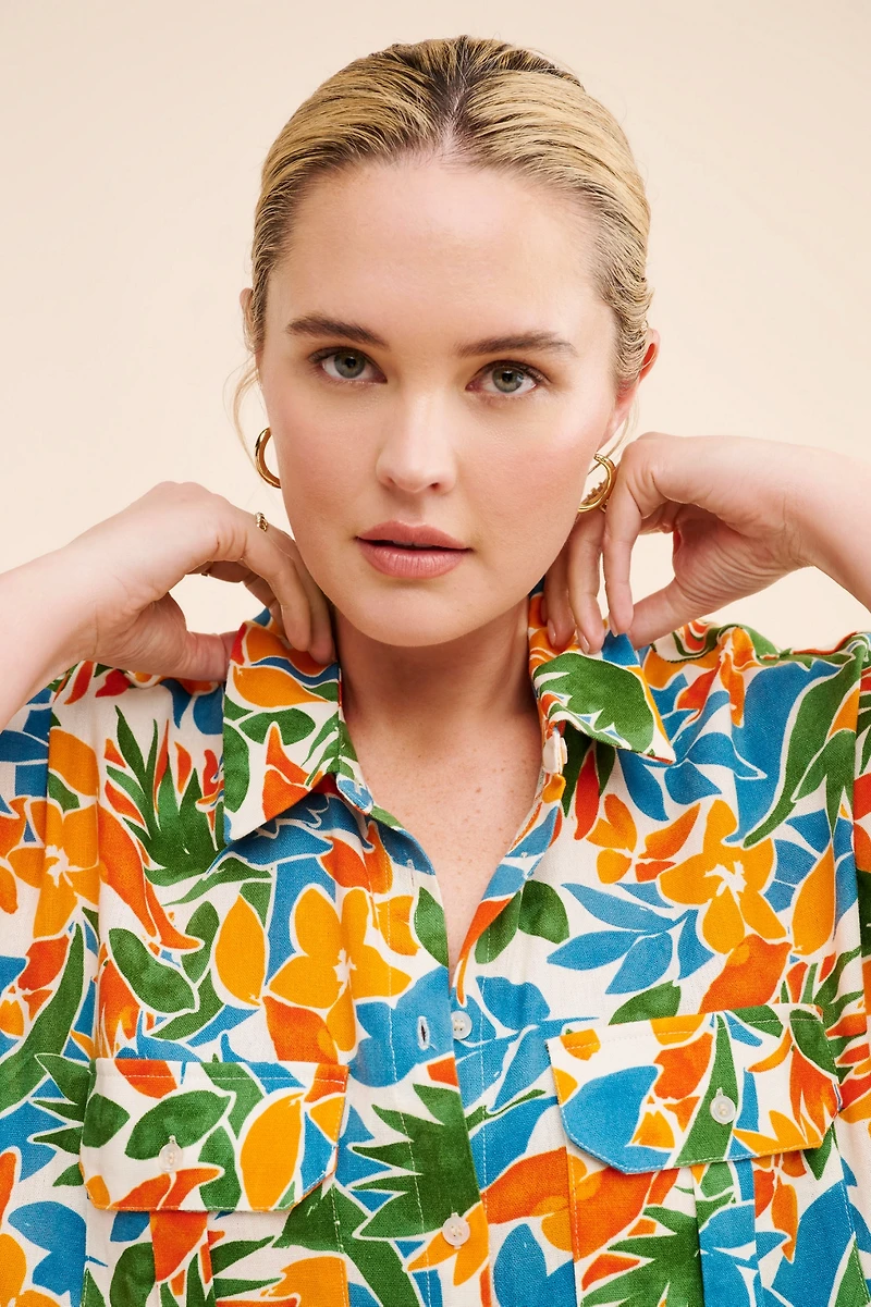 Eloquii Tropical Crop Boxy Button Up Top
