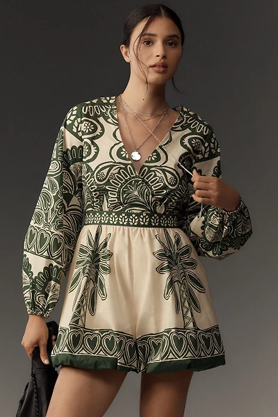 FARM Rio Long-Sleeve V-Neck Printed Romper
