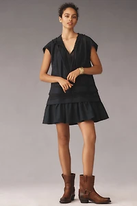 Short-Sleeve Flounce Poplin Hoodie Mini Dress