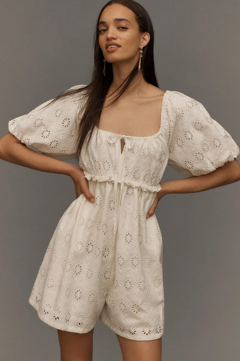 Puff-Sleeved Eyelet Romper