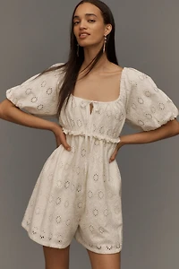 Puff-Sleeved Eyelet Romper