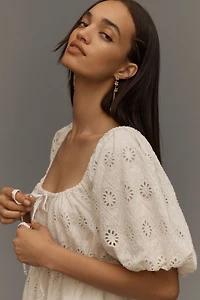 Puff-Sleeved Eyelet Romper