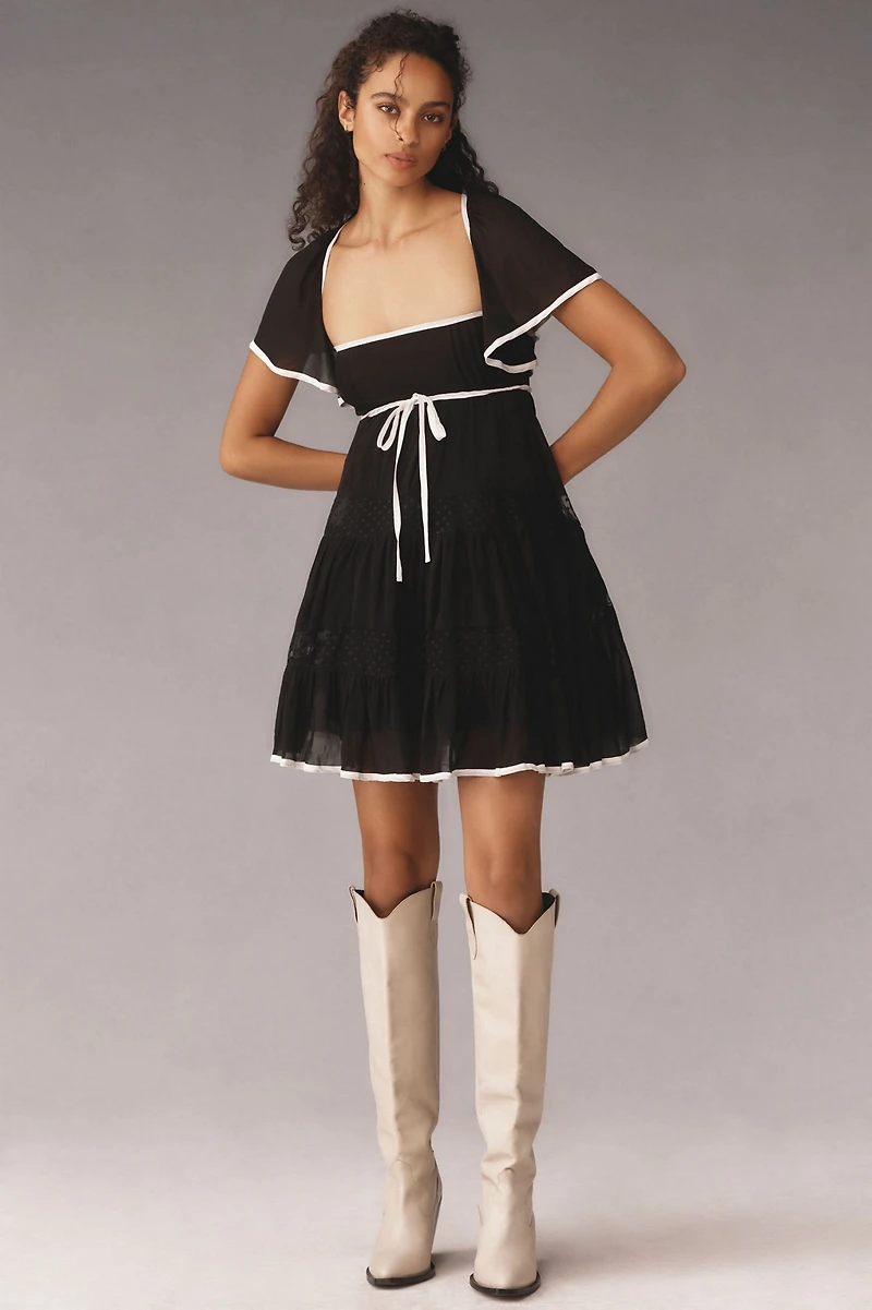 Maeve Flutter-Sleeve Bow Babydoll Mini Dress