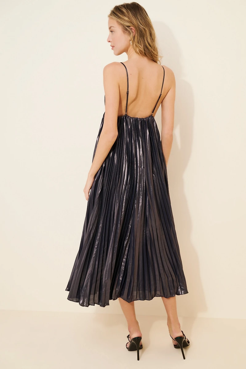 BHLDN Alessia Sleeveless V-Neck Pleated Crepe Midi Dress