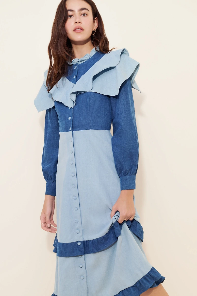 Olivia Rubin Bronte Two-Tone Denim Midi Dress