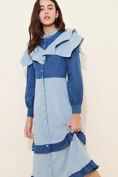 Olivia Rubin Bronte Two-Tone Denim Midi Dress