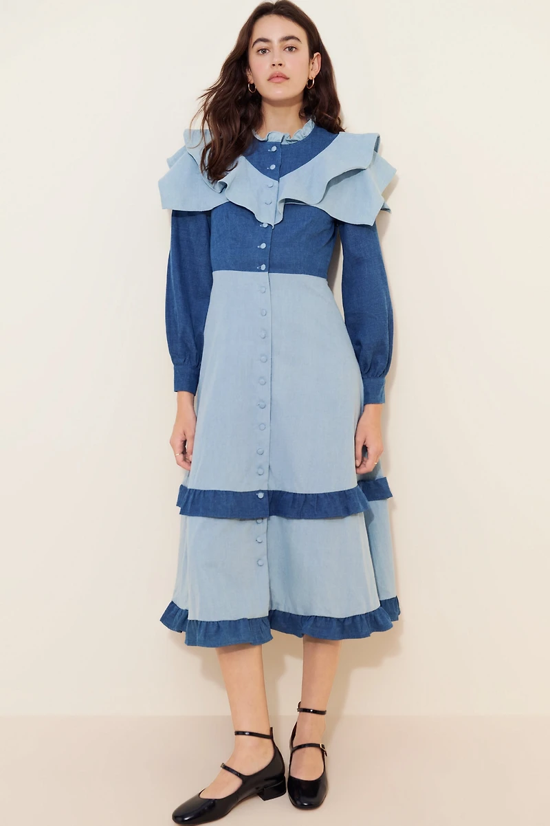 Olivia Rubin Bronte Two-Tone Denim Midi Dress