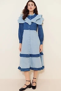 Olivia Rubin Bronte Two-Tone Denim Midi Dress