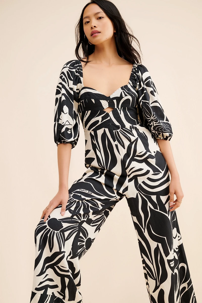 FARM Rio Puff-Sleeve Printed Linen Jumpsuit