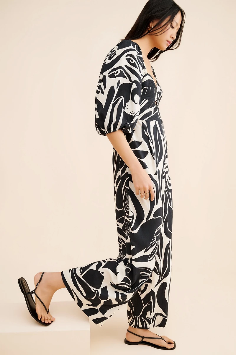 FARM Rio Puff-Sleeve Printed Linen Jumpsuit