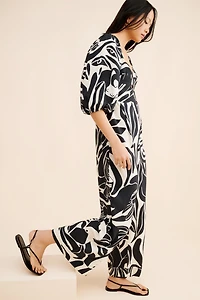 FARM Rio Puff-Sleeve Printed Linen Jumpsuit