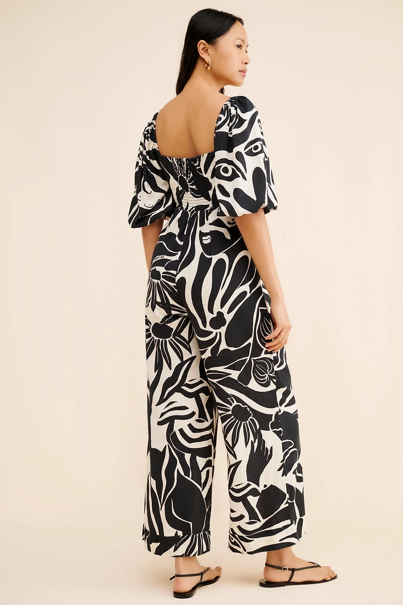 FARM Rio Puff-Sleeve Printed Linen Jumpsuit