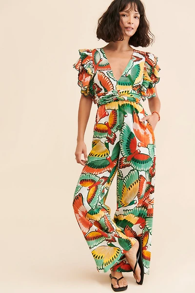 FARM Rio Ruffle-Sleeve Printed Jumpsuit