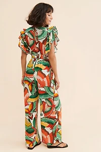 FARM Rio Ruffle-Sleeve Printed Jumpsuit