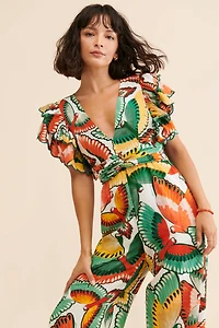FARM Rio Ruffle-Sleeve Printed Jumpsuit