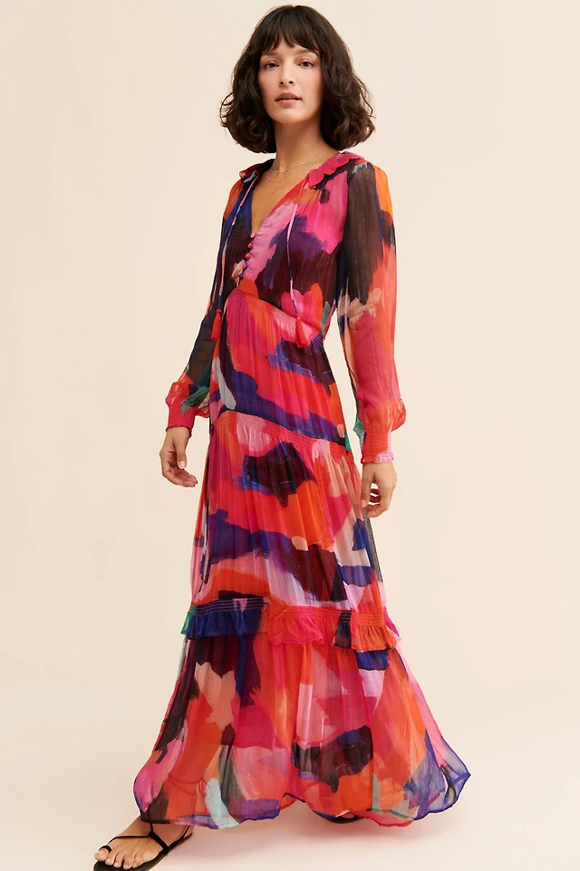 the marais printed chiffon maxi dress Anthropologie Tiered Color:Forest biome Black/White Colorblock Asymmetrical Dress MerchFabric:BONDED CREPE Anthro details