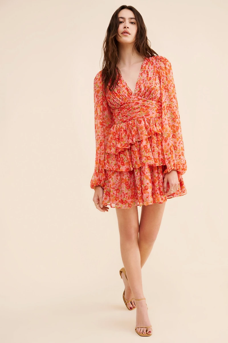 BHLDN Emmy Long-Sleeve V-Neck Tiered Mini Dress