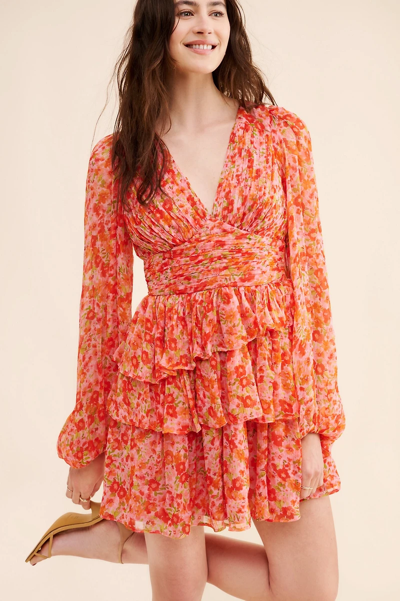 BHLDN Emmy Long-Sleeve V-Neck Tiered Mini Dress
