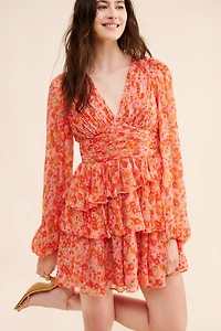 BHLDN Emmy Long-Sleeve V-Neck Tiered Mini Dress
