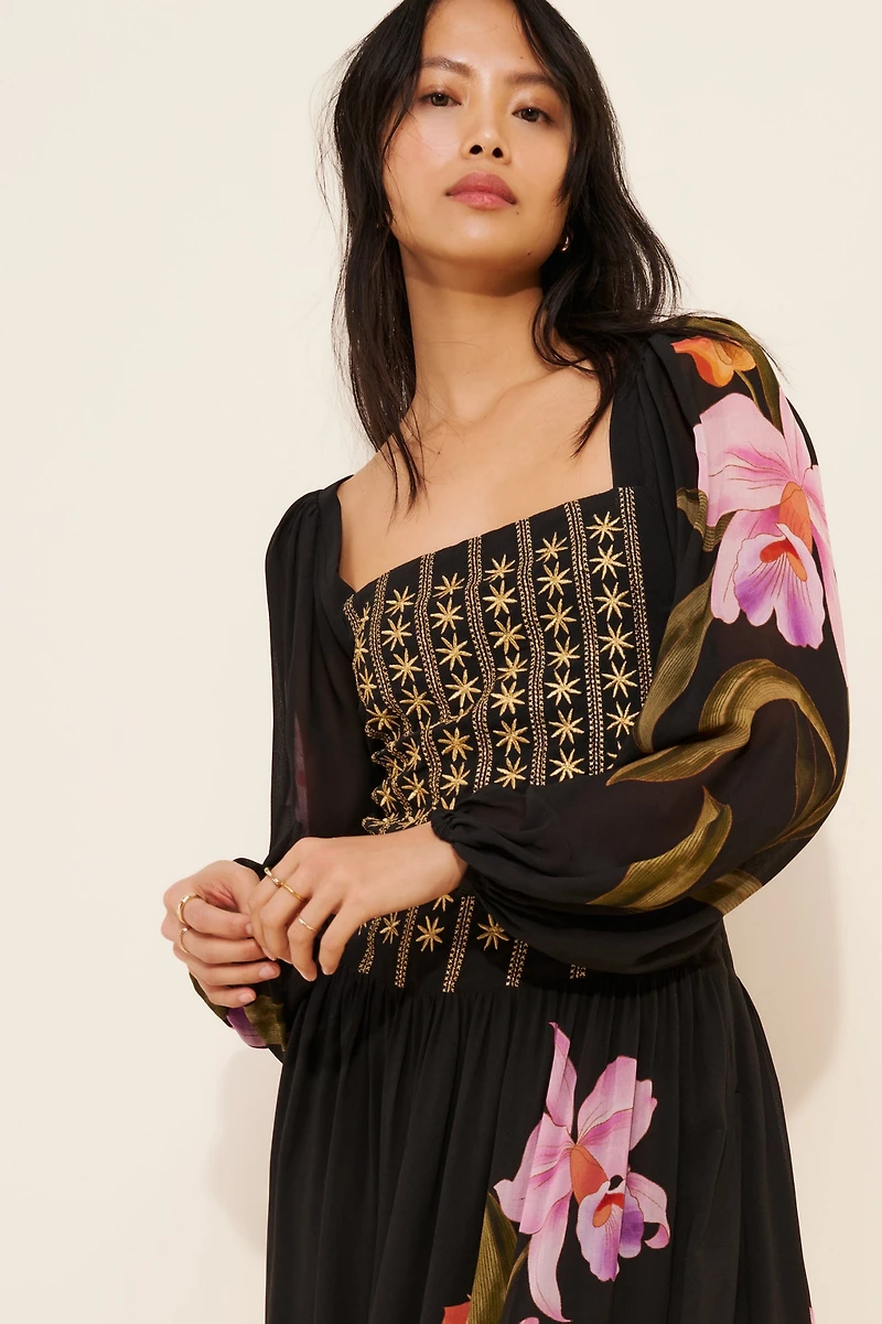 FARM Rio Floral Long Sleeve Midi Dress