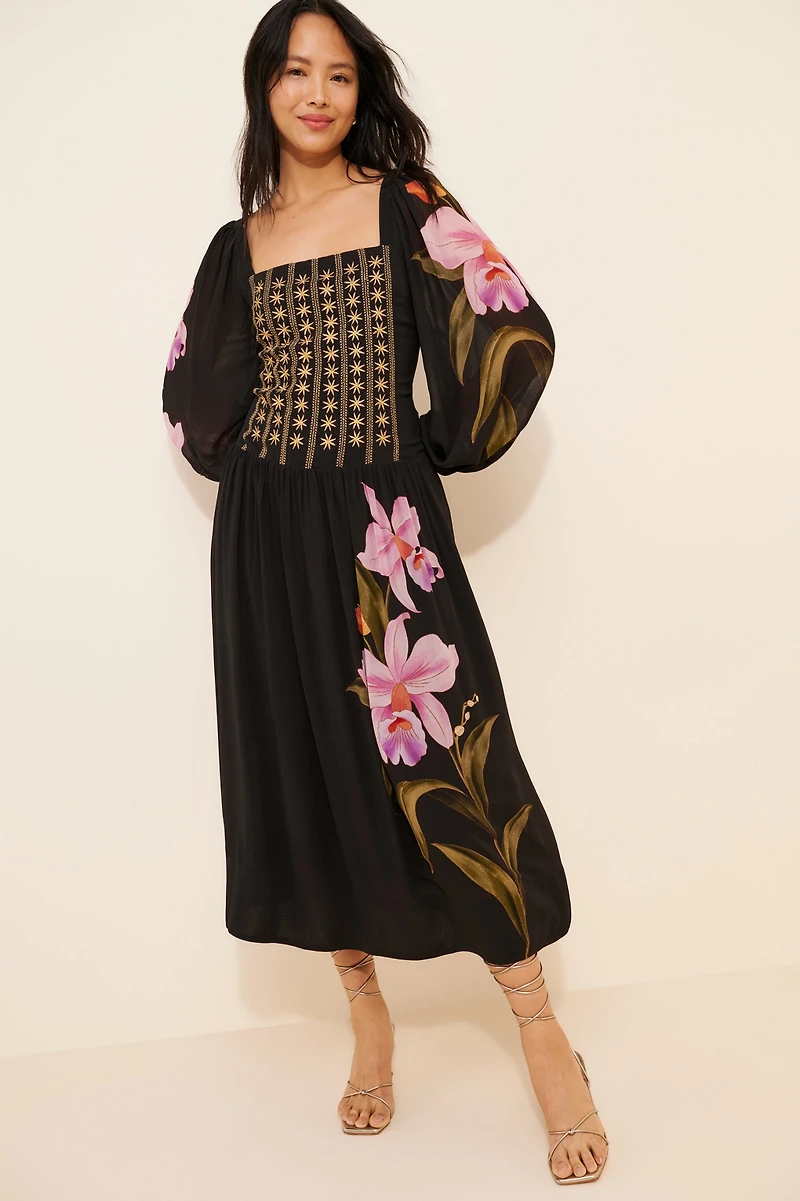 FARM Rio Floral Long Sleeve Midi Dress