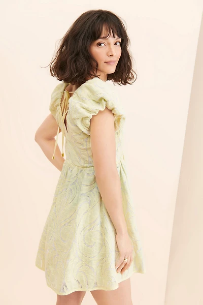 Deep-V Puff-Sleeve Dress