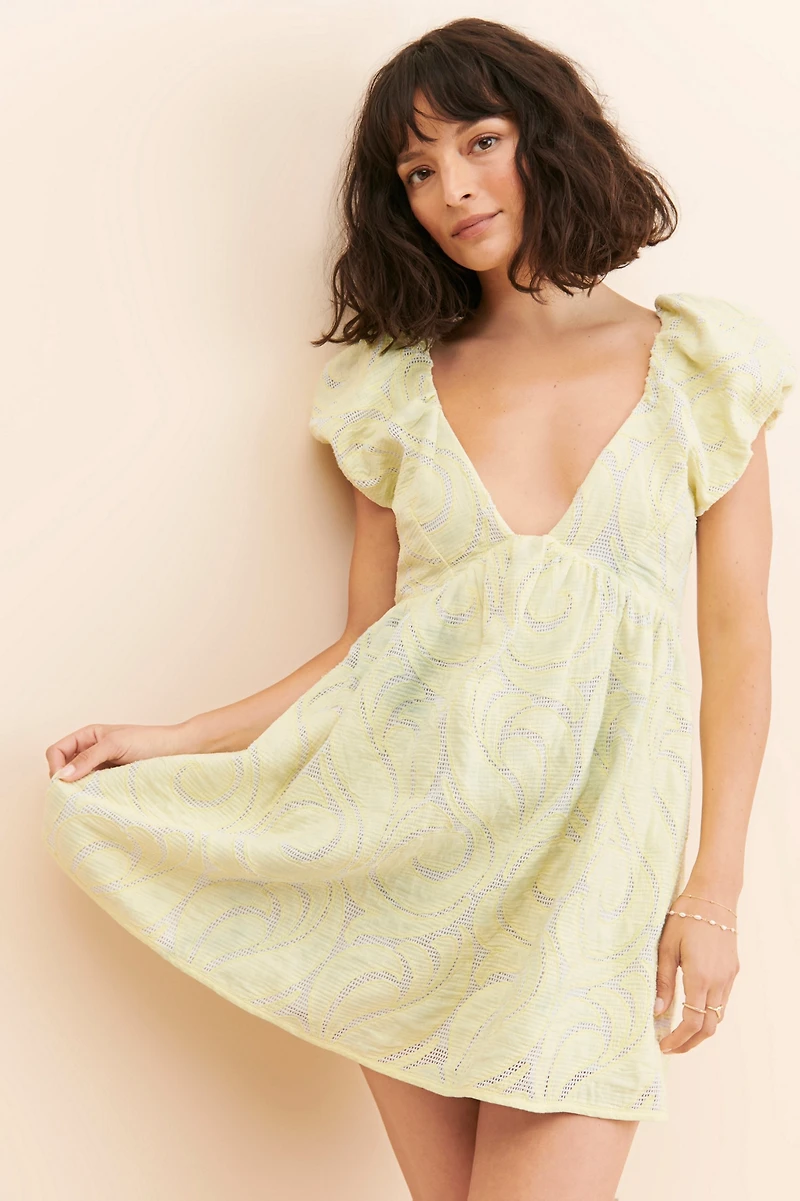 Deep-V Puff-Sleeve Dress