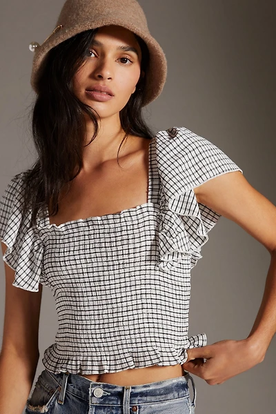 Maeve Crinkle Gingham Smocked Top