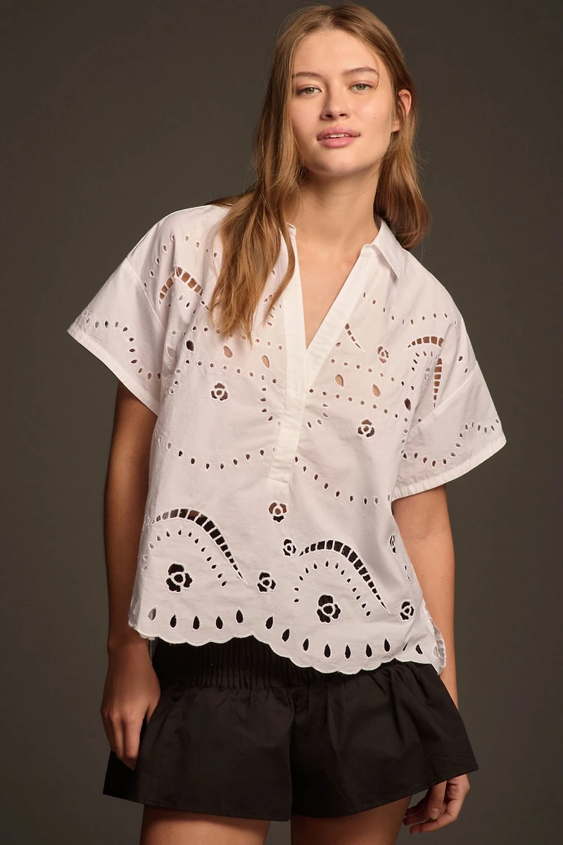 Maeve Short-Sleeve Boxy Eyelet Popover Blouse