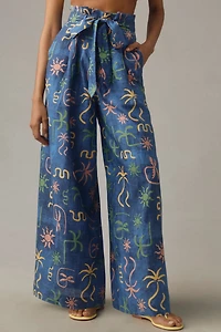 Corey Lynn Calter Linen Tropical Printed Wide-Leg Pants