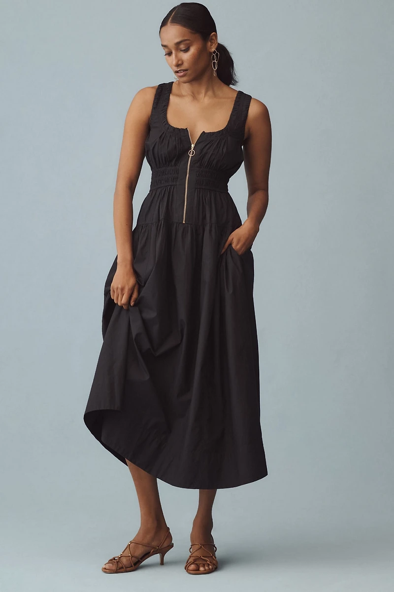 Scoop-Neck Smocked Poplin Midi Dress