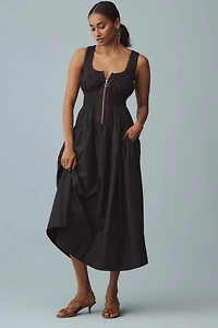 Scoop-Neck Smocked Poplin Midi Dress