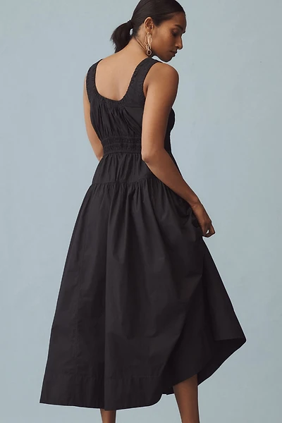 Scoop-Neck Smocked Poplin Midi Dress