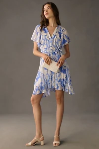 V-Neck Ruffle-Sleeve Pleated Dress