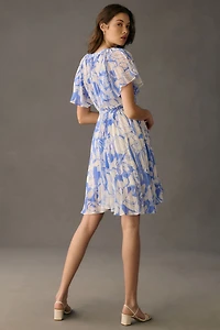 V-Neck Ruffle-Sleeve Pleated Dress