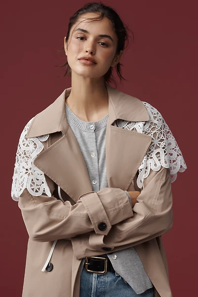 By Anthropologie Tie-Front Lace Cutwork Cape