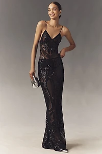 Norma Kamali Obie Sheer Sequin Mesh Maxi Skirt