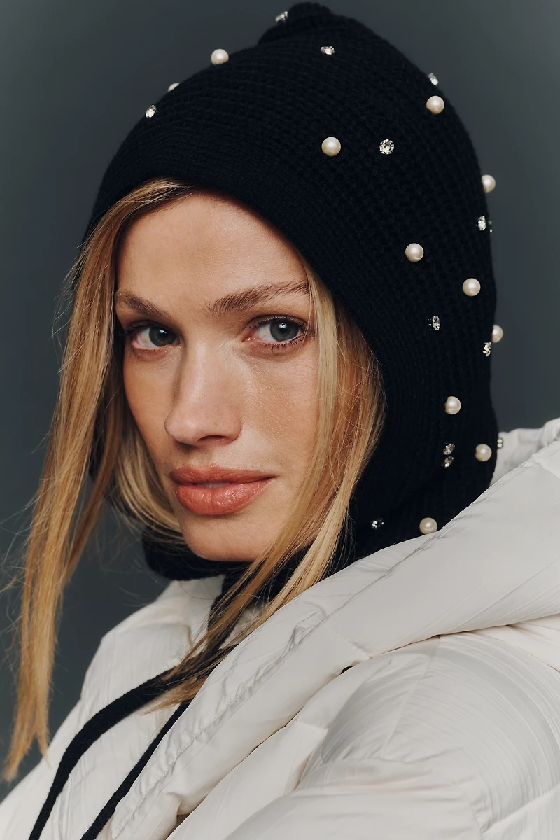 Flat White Rhinestone Embellished Knit Bonnet
