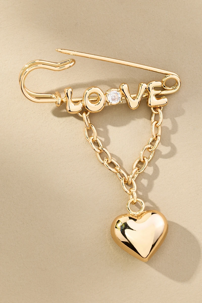 Safety Pin Heart Charm Brooch